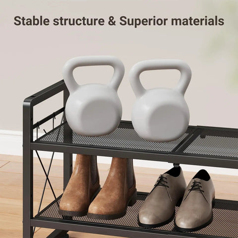 Expandable Two Tier Metal Shoe Rack Organizer For Entryway And Closet Adjustable Length From 18.6 To 30.5 Inches Holds Up To 8 Pairs Black Shoe Shelf With Four Hooks For Garage Door Entrance shown with kettlebells and shoes, demonstrating stability and capacity.