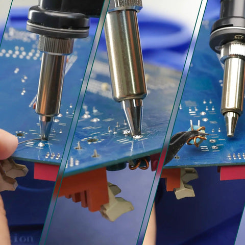 Pro Grade 110W EVO Soldering Station And Desoldering Kit With Vacuum Pump in use on circuit board