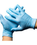 Built Tough Powder Free Nitrile Exam Gloves With Killer Textured Grip And Real Deal Burst Proof Strength For Medical Or Food Tasks, Latex Free Snug Fit, Blue Medium, 100 Count, worn on hands.