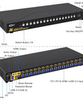 Front and back view of the Badass 16 Port HDMI KVM Switch with USB connections and multiple switch buttons.