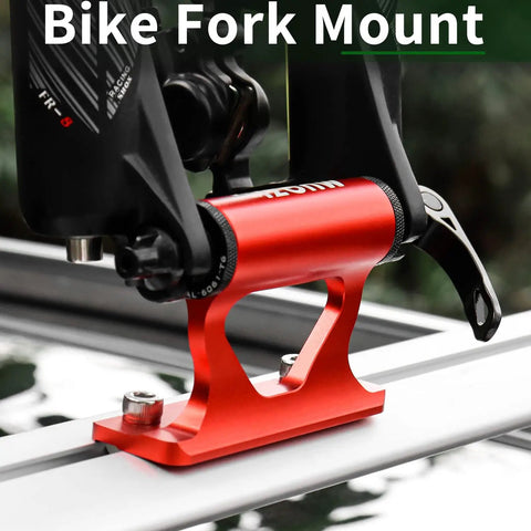 Close-up of red quick release fork mount from 2023 Upgraded Quick Release Thru Axle Bicycle Fork Rack Block with four adapters.