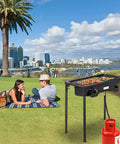 2 Burner Outdoor Portable Propane Stove with cast iron burners and detachable stand legs at a picnic in a park setting