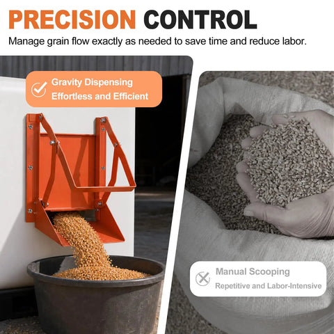 Solid Gear Sliding Grain Gate With Heavy Duty Discharge Chute For IBC Tote 9x9 gravity dispensing grains into a bin.