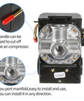 Close-up view of LF10-4H Air Compressor Pressure Switch Replacement 95-125 PSI Range with four-port manifold and unloader valve.