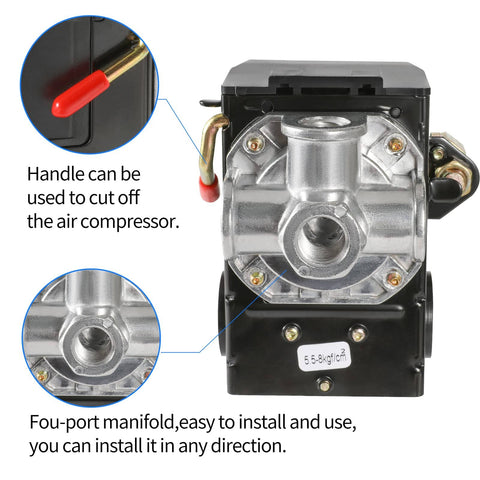 Close-up view of LF10-4H Air Compressor Pressure Switch Replacement 95-125 PSI Range with four-port manifold and unloader valve.