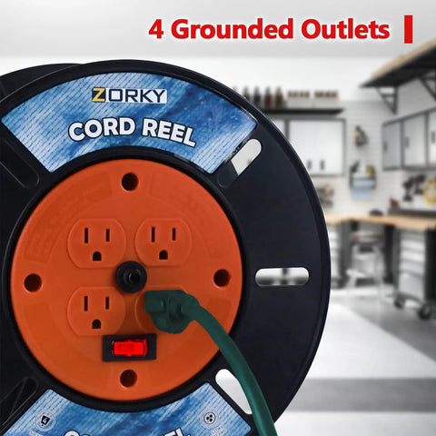 Heavy Duty Retractable Extension Cord Reel with 4 Grounded Outlets in a workshop setting