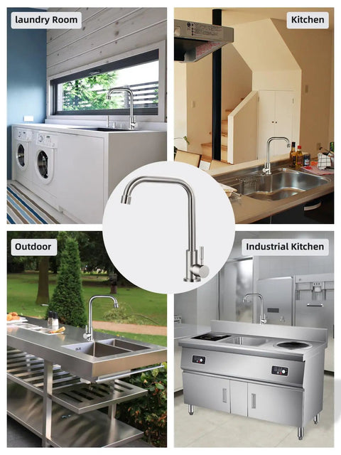 Top Tier Cold Only Kitchen Sink Faucet Single Hole Install Sus 304 Stainless Steel With Brushed Nickel Finish No Sweat 360 Degree Swivel in laundry and outdoor settings.