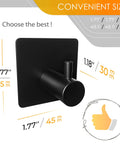 Matte Black Self Adhesive Towel Hooks, Heavy Duty SUS304 Stainless Steel Wall Or Door Mounted Hangers For Coat, Hat, Bag, Keys, Jacket, 4 Pack, No Drill Needed, Waterproof, Rustproof, Strong Stick On, hook with size dimensions and thumbs up icon