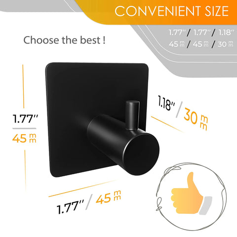 Matte Black Self Adhesive Towel Hooks, Heavy Duty SUS304 Stainless Steel Wall Or Door Mounted Hangers For Coat, Hat, Bag, Keys, Jacket, 4 Pack, No Drill Needed, Waterproof, Rustproof, Strong Stick On, hook with size dimensions and thumbs up icon