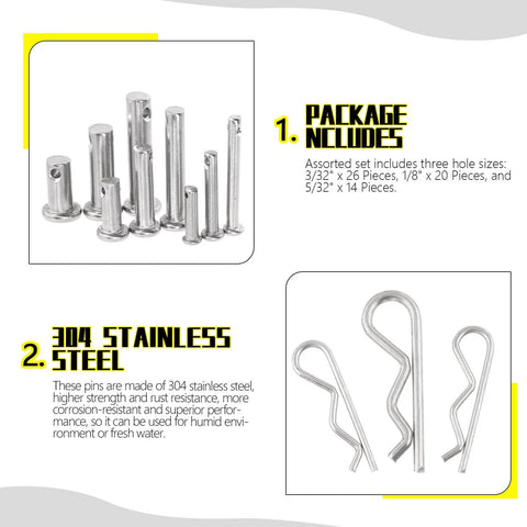 122 Piece Clevis Pin And Cotter Pin Kit All In One With 15 Sizes In 304 Stainless Steel, assorted hole sizes close-up view