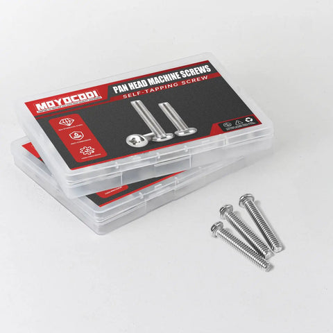 M2 X 10mm Pan Head Machine Screws 50 Pack Phillips Drive 304 Stainless Steel Fully Threaded Heavy Duty Kickass Fasteners in packaging.
