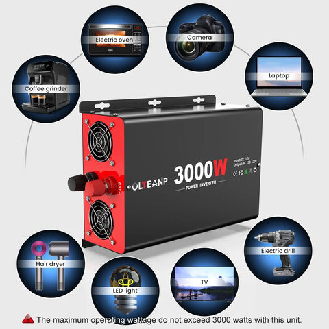 Heavy Duty 4000W Power Inverter Converts 12V DC To 120V AC With 8000W Peak Surge, showcasing various devices like camera and laptop.