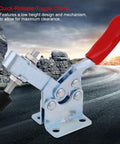 Set Of 4 Heavy Duty Horizontal Toggle Clamps For Welding Woodworking And Metal Jaws Rock Solid Workhorse Fixture Grip For CNC Mill Drill Press Bench Vise Mounting No Sweat Setup low height quick-release toggle clamp with red handle.