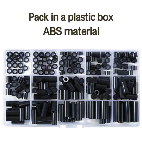 200Pcs ABS Black Round Spacers Set 15 Sizes OD 7mm ID 4.1mm for M4 Screws Non Threaded Column Standoff Round Tube Plastic Washers