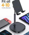 Dope Ergonomic Adjustable Desk Phone Stand for Home Office and Gaming Setup holds iPhone, iPad, Switch, fits 4-10 inch devices.