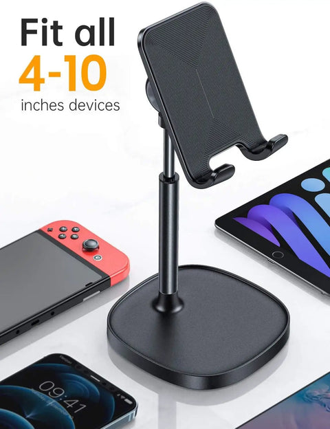 Dope Ergonomic Adjustable Desk Phone Stand for Home Office and Gaming Setup holds iPhone, iPad, Switch, fits 4-10 inch devices.