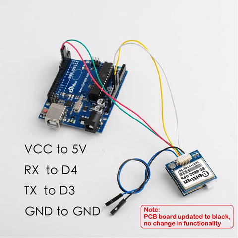 BE-880Q GPS Module With Flash Memory And QMC5883L Compass connected to Arduino with wiring instructions visible