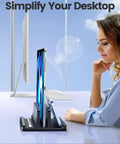 Desk Friendly Vertical Laptop Stand Dock 3 In 1 Holder for Laptop and Phone or Tablet with woman working at desk