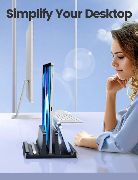Desk Friendly Vertical Laptop Stand Dock 3 In 1 Holder for Laptop and Phone or Tablet with woman working at desk