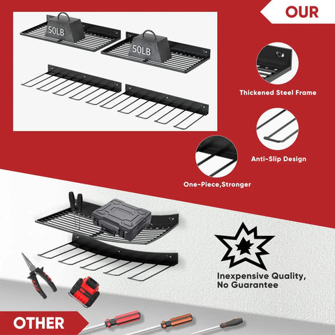 Comparison showing Power Tool Organizer Wall Mount With Drill Holder For Garage Keeps Your Tools Neat And Grab And Go Heavy Duty Tool Rack For Drills Saws And Bits Black Finish.