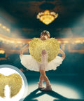 Child wearing Golden Angel Wings Costume With Straps For Cosplay And Parties, Lightweight Halloween Wing Set With Gold Foil Detailing