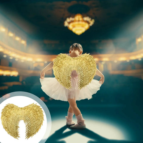 Child wearing Golden Angel Wings Costume With Straps For Cosplay And Parties, Lightweight Halloween Wing Set With Gold Foil Detailing