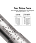 Close-up of Industrial Three Eighth Inch Drive Torque Wrench With 15 To 75 Ft Pound Range Dual Scale Readouts Matte Chrome Finish