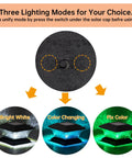 Solar Post Cap Lights For Outdoor Deck And Fence LED Post Caps With 9 Lighting Modes Including Bright White And RGB Color Options Fixed And Cycling Colors Fits 4x4 Or 5x5 Wooden Posts Black 6 Pack illustration of three lighting modes.