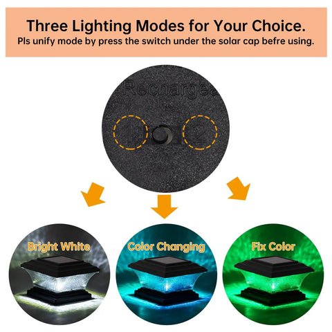 Solar Post Cap Lights For Outdoor Deck And Fence LED Post Caps With 9 Lighting Modes Including Bright White And RGB Color Options Fixed And Cycling Colors Fits 4x4 Or 5x5 Wooden Posts Black 6 Pack illustration of three lighting modes.