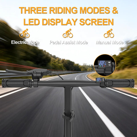Electric Bike For Adults With 500W Motor 20 MPH Top Speed Foldable E Bike LED display showing three riding modes on road