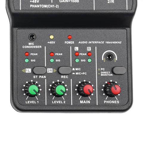 Close-up of controls on Two Channel DJ Mixer For Laptop Tablet And Phone With 16Bit 48KHz Audio Resolution Portable Pro Mixing Console