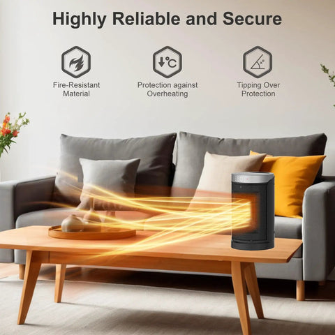 Small Portable Indoor Space Heater With Thermostat And Remote Seventy Degree Oscillation 12 Hour Timer Five Modes 1500W PTC Ceramic on a table heating a living room.