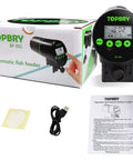 Programmable Automatic Fish Feeder With Digital Timer And Usb Rechargeable Design For Aquarium Tanks showing product, USB cable, instructions, and packaging.