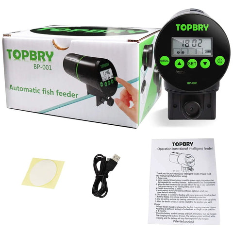 Programmable Automatic Fish Feeder With Digital Timer And Usb Rechargeable Design For Aquarium Tanks showing product, USB cable, instructions, and packaging.