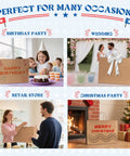 Collage of Bulk 400 Pack 16x6x12 Inch Kraft Paper Bags with Handles used in birthday, wedding, retail, and Christmas settings.