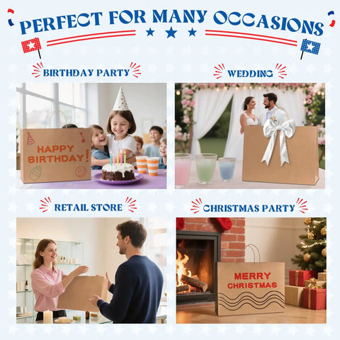 Collage of Bulk 400 Pack 16x6x12 Inch Kraft Paper Bags with Handles used in birthday, wedding, retail, and Christmas settings.