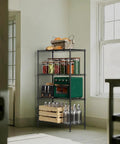 Heavy Duty 4 Tier Metal Wire Shelf On Wheels 1000 Lb Capacity Adjustable Height Storage Rack for Garage Kitchen Laundry Black Sturdy Carbon Steel Shelving Unit with Caster Wheels in kitchen setting with various items displayed.