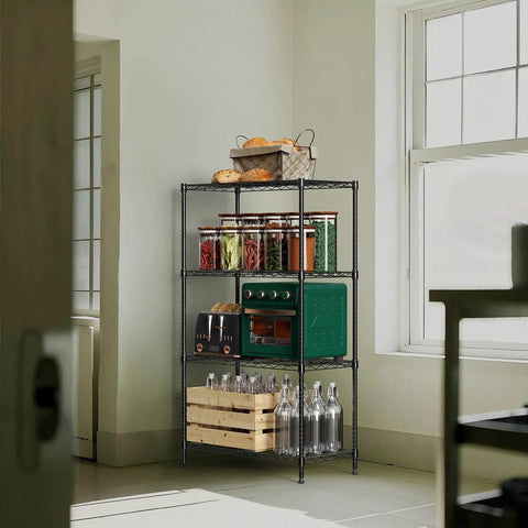 Heavy Duty 4 Tier Metal Wire Shelf On Wheels 1000 Lb Capacity Adjustable Height Storage Rack for Garage Kitchen Laundry Black Sturdy Carbon Steel Shelving Unit with Caster Wheels in kitchen setting with various items displayed.