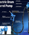 Heavy Duty Electric Drum Barrel Pump For 55 Gallon Drums with nozzle, spout, and telescopic tube for fluid transfer.