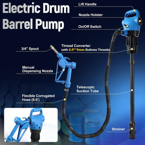 Heavy Duty Electric Drum Barrel Pump For 55 Gallon Drums with nozzle, spout, and telescopic tube for fluid transfer.