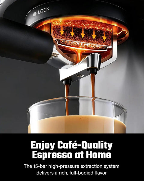Professional Espresso Machine With Rapid Milk Frother And Pro Steam Wand For Silky Lattes And Bold Cappuccinos extracting rich espresso shots.