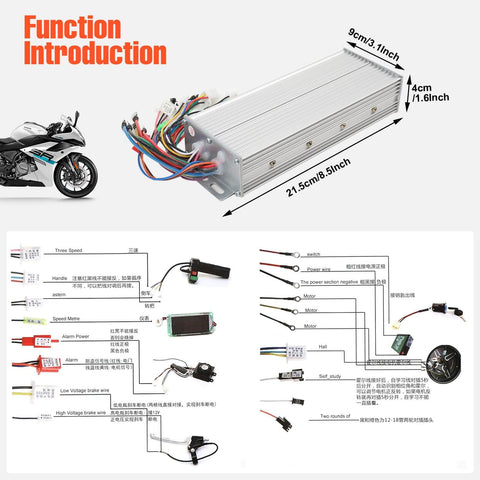 Diagram and dimensions of Beast 48V To 72V 2000W Brushless Motor Controller For Electric Bicycles And Scooters High Performance Speed Controller With Safe Voltage Range Durable Power Module For E Bike Upgrades And DIY Projects.