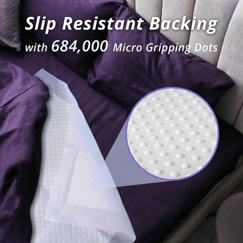 Heavy Duty Overnight Incontinence Bed Pads For Adults, with slip resistant backing and micro gripping dots on a bed.
