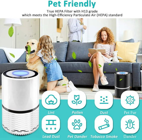 Living room with pet-friendly air purifier, child hugging dog, focus on 2 Pack LV-H132 Replacement Filter For Levoit LV-H132 Air Purifier