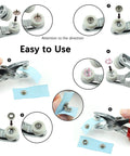 Steps showing how to use the 240 Piece Snaps Button Fastener Kit with Pro Grade Pliers on fabric, easy install for craft projects