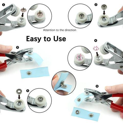 Steps showing how to use the 240 Piece Snaps Button Fastener Kit with Pro Grade Pliers on fabric, easy install for craft projects