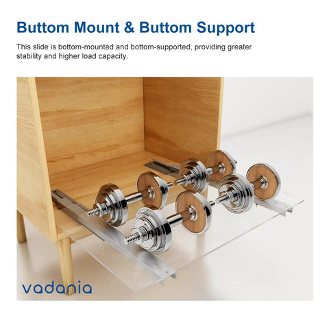 Undermount Drawer Slide 22 Inch, True Bottom Mount, Heavy Duty Concealed Hardware With Soft Close, Quiet Self Close, Designed For Drawers Without Side Panels, Durable Construction, Smooth Glide For Kitchen Cabinets installed under wooden drawer