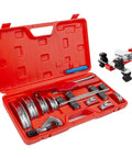Open red case displaying Tubing Bender Kit With Seven Exchangeable Heads One Quarter To Seven Eighths Inch For Soft Copper And Aluminum HVAC Refrigeration Systems Includes A Handy Tube Cutter And Pro Grade Aluminum Alloy Build.