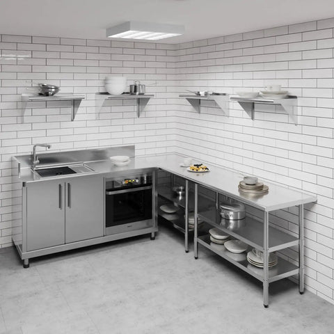 Stainless Steel Wall Shelf 24 Inch Long 12 Inch Deep With Bullnose Edge And 1 Inch Backsplash Beefy Built Kitchen Garage Shelving