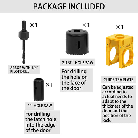 Door Lock Installation Kit For Wooden Doors One And Three Eighths Inch To One And Three Quarters Inch Hole Saw Set With Guide Template Jig And Pilot Bits For Precise Hole Drilling And Easy Door Hardware Installation, including arbor with pilot drill, hole saws, guide template.